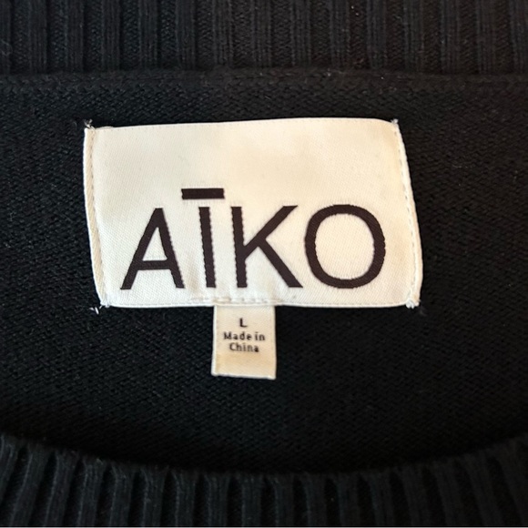 AIKO Black Crewneck Sweater w/ White Leather Sleeve Detail Soft -size L - Picture 3 of 8